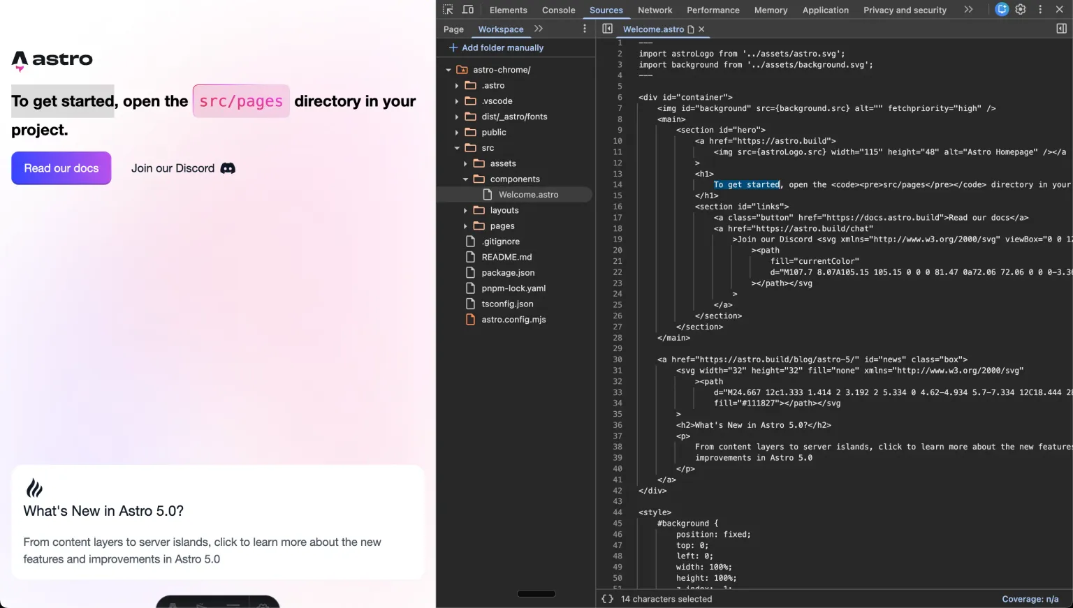 Chrome DevTools workspace connected to an Astro project, showing project files and an Astro page open side by side.